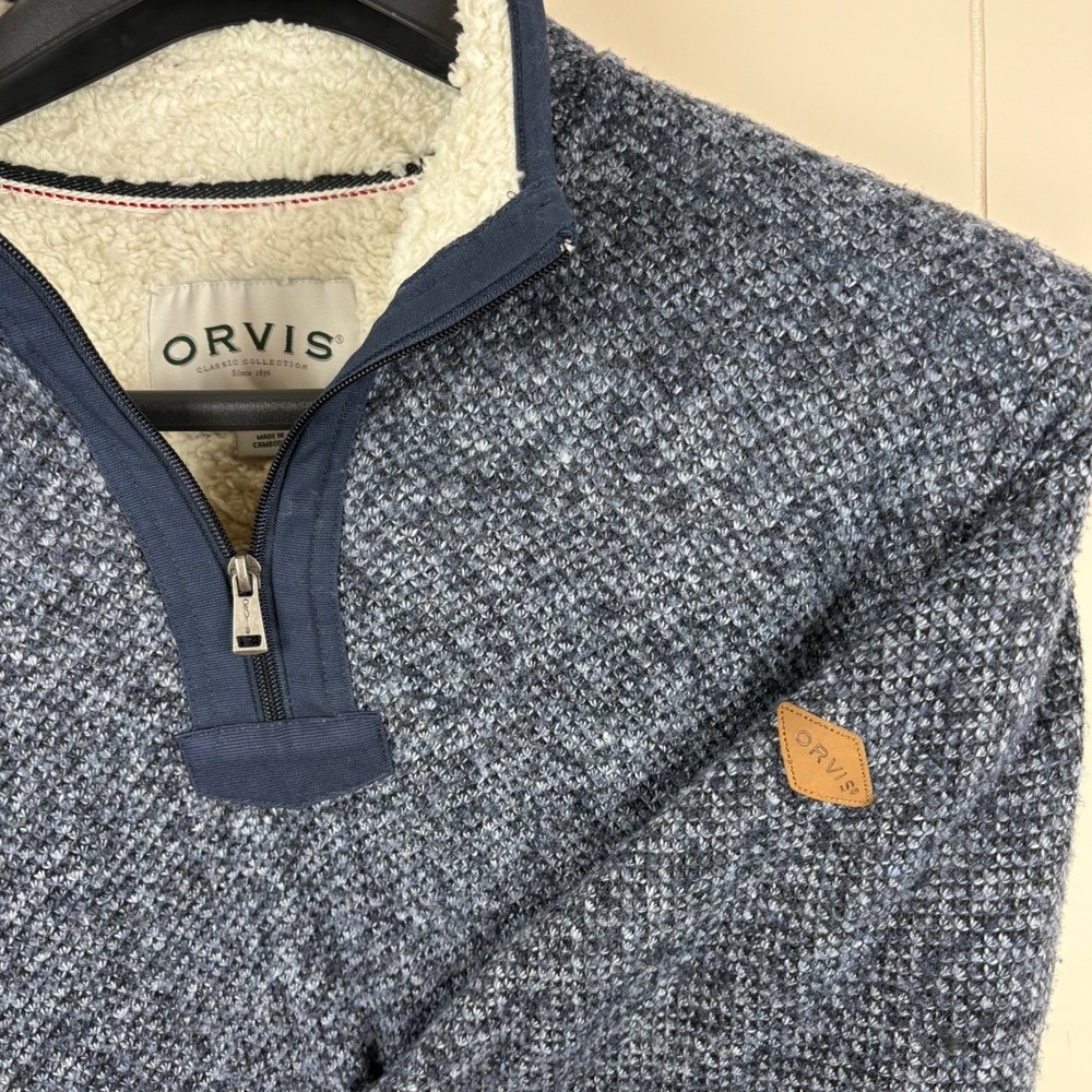 Orvis Mens Quarter Zip Sherpa Lined Sweater Fleece Pullover Blue Marled Large